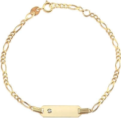 UNICORNJ 14-karätiges Gold-ID-Armband mit Gravur für Mädchen, Jungen, Kinder, Babys, Kleinkinder, personalisierte Figaro-Panzerkette, Namensarmbänder für Babys, Neugeborene, Kleinkinder, Kinder, Mädchen, Jungen, Gelbgold, hergestellt in Italien