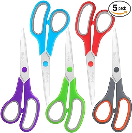 Scissors Bulk Set of 5-Pack, Niutop 8" Multipurpose Sharp Sewing Craft Fabric Scissors for Office Home High/Middle School Student Office Teacher Art Supplies, Soft Comfort-Grip Right/Left Handles