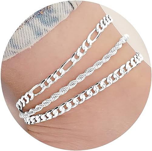 Melshabt Pulseras de tobillo de plata de ley para mujer con cierre de langosta fuerte – eslabón cubano, fígaro, cuerda, marinero plano, espiga de serpiente, satélite, clip – Tobillera de plata impermeable para playa de verano