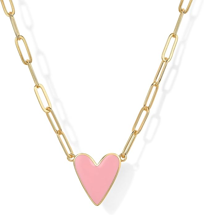 PAVOI 14K Gold Plated Heart Enamel Pendant Necklace for Women | Love Paperclip Chain Necklaces | Blue Pink Purple White Enamel Heart Pendants