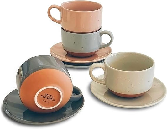 Mora Ceramics 8-Unzen-Cappuccinotassen-Set mit 4 Stück – Keramik-Kaffeetassen mit Untertassen – mikrowellen- und spülmaschinenfest, perfekt für Tee, Espresso, Latte – Porzellantassen für Küche oder Café – verschiedene neutrale Farben 