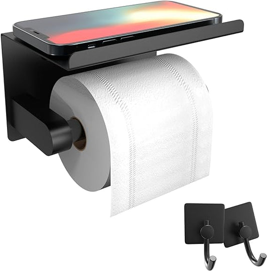 Toilet Paper Holder with Phone Shelf+ Two AdhesiveTowel Robe Hooks, Self Adhesive or Screw Wall Mounted Toilet Paper Roll Dispenser, Rustproof Bathroom Tissue Roll Holder with Shelf (Matte Black)