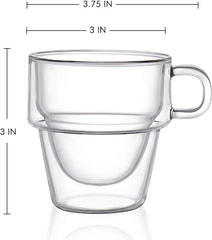 JoyJolt Stoiva Doppelwandige, isolierte Espresso-Glastassen – 5 oz. (150 ml) Espresso-Schnapsglasbecher mit Griff – stapelbare Thermo-Klarglasbecher, passend für Espressomaschine und Kaffeemaschine – 4er-Set 