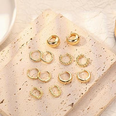 ASCOMY Juego de 6 pares de aretes de aro de oro para mujer, aretes de aro trenzados de oro, chapados en oro de 14 quilates, plata y oro blanco, ligeros, hipoalergénicos, gruesos, abiertos, regalo de joyería para mujer