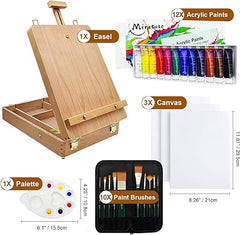 Deluxe Art Supplies 27 Pieces Art Set with Tabletop Easel, 12 Colors Acrylic Paint, 10 Paint Brushes, 3 Canvas Panels, Palettes