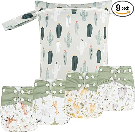 HappyFlute 9 Sets Newborn Baby Cloth Pocket Diapers Adjustable Reusable for Baby Boys and Girls(6-33 pounds,0-3 Years),One Wet Bag+4Diapers and 4Inserts (AD10)