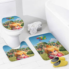 Cartoon Game Shower Curtain Set with Non-Slip Rug, Toilet Lid Cover, Bath Mat，Decorative Bathroom Set