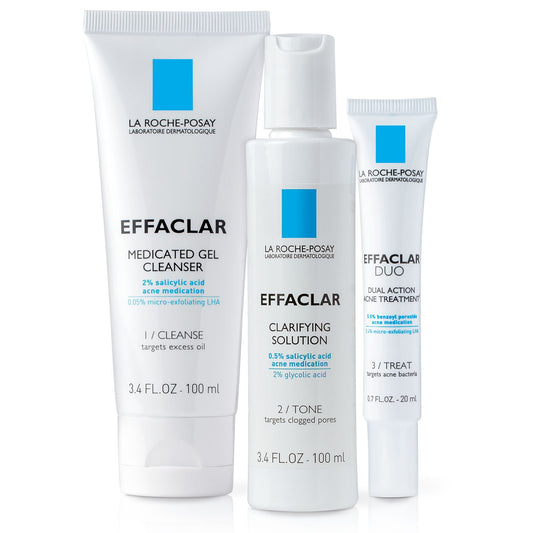 La Roche-Posay Effaclar Sistema de tratamiento dermatológico del acné de 3 pasos, limpiador del acné con ácido salicílico, tónico refinador de poros y tratamiento de manchas con peróxido de benzoilo para pieles sensibles, suministro para 2 meses 