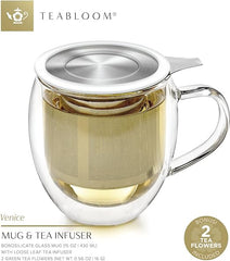 Teabloom Double-Wall Heatproof Glass Mug with Stainless Steel Infuser and White Lid – 15 OZ / 430 ML – 2 Blooming Teas Included