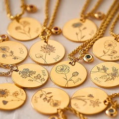 MEVECCO Birth Flower Necklace 18k Gold Custom Floral Pendant Necklaces Dainty Birth Month Flower Disc Hand Stamped Necklace Personalized Jewelry Birthday Gift