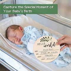 Baby Announcement Sign for Newborn - Beautiful Double-Sided Hello World Name Sign for Hospital Birth Announcement, The Perfect Round Wooden Welcome Baby Sign for New Baby Boy and Girl Gifts