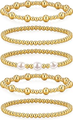 doubgood Gold-Armbänder für Damen, Stretch-Gold-Perlenarmbänder für Damen und Mädchen, 14 Karat vergoldet, stapelbare Perlen-Kugel-Armband-Sets