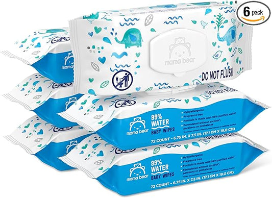 Amazon Brand - Mama Bear 99% Water Baby Wipes, Hypoallergenic, Fragrance Free, 432 Count (6 Packs of 72)