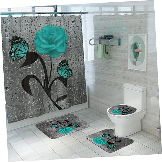 Set Toilet Seat Toilet Floor Mat Decorative Shower Curtain Shower Curtain and Toilet Cover Seat Printed Curtains Toilet Bowl Seat Decorative Rug Ground Mat Printing Bath Tent