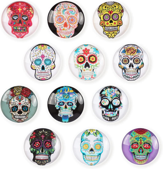 Glass Strong Refrigerator Magnets - 12 Pack Decorative Magnets for Fridge Cute Decor for Home Kitchen Office Whiteboard Locker Accessories (Skull Refrigerator Magnets)