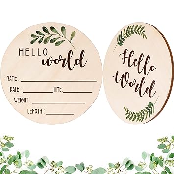 Baby Announcement Sign for Newborn - Beautiful Double-Sided Hello World Name Sign for Hospital Birth Announcement, The Perfect Round Wooden Welcome Baby Sign for New Baby Boy and Girl Gifts