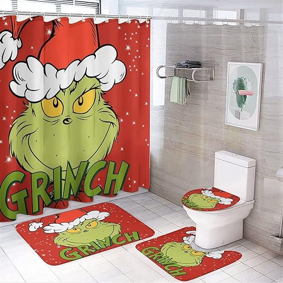 Christmas Bathroom Shower Curtain Set, Christmas Shower Curtain 4-Piece Set with Non-Slip Rug, Toilet Seat Cover and Bath Mat, Holiday Home Decor (Style 1) (Red)