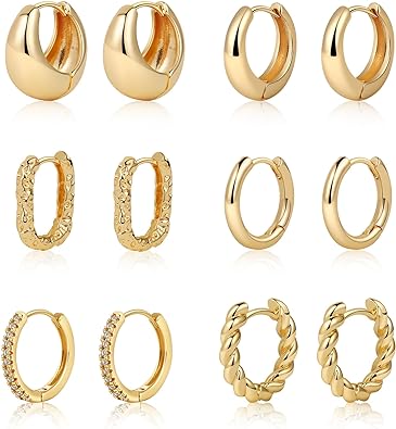 ASCOMY 6 Paar Gold-Creolen-Set für Damen, gedrehte Huggie-Creolen, 14 Karat Gold/Silber/Weißgold plattiert, leicht, hypoallergen, klobige offene Creolen-Set, Schmuck, Geschenke für Frauen