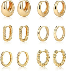 ASCOMY Juego de 6 pares de aretes de aro de oro para mujer, aretes de aro trenzados de oro, chapados en oro de 14 quilates, plata y oro blanco, ligeros, hipoalergénicos, gruesos, abiertos, regalo de joyería para mujer