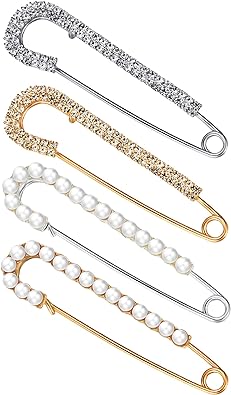 Broschennadeln für Damen, Pullover, Schal-Clips, Kunstkristall-Perlenbroschen, Sicherheitsnadeln, Hemd-Clips für Damen, Gold/Silber (4 Stück)