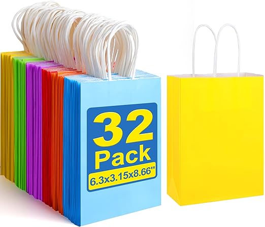 XPCARE 32 Pieces Paper Gift Bags, Kraft Paper Party Favor Bags Bulk with Handles for Kids Birthday, Baby Shower, Crafts, Wedding, Party Supplies (6 Colors)