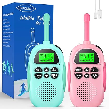 HPROMOT Walkie Talkies para niños: Paquete de 2 walkie talkies recargables para niños, largo alcance, 22 canales, radio de 2 vías, juguete para niños, regalo para niños de 3 a 12 años 