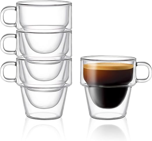 JoyJolt Stoiva Doppelwandige, isolierte Espresso-Glastassen – 5 oz. (150 ml) Espresso-Schnapsglasbecher mit Griff – stapelbare Thermo-Klarglasbecher, passend für Espressomaschine und Kaffeemaschine – 4er-Set 