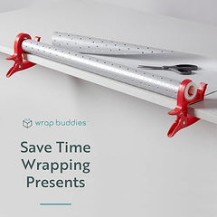 Wrap Buddies Wrapping Paper Clamps - 2 Gift Wrapping Paper Holder Clamps with Integrated Tape Dispensers, Simple Gift Wrap Table Clamps, Wrapping Paper Holder Clips and Tape Dispensers (Cherry Red)