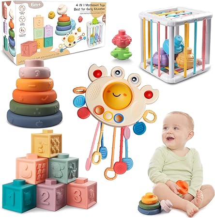 Montessori Baby Toys for Ages 6-18 Months - Pull String Teether, Stacking Blocks, Sensory Shapes & Storage Bin, Infant Bath Time Fun, 4 in 1 Toddlers Toy Gifts for 1 2 3 Year Old Boys Girls