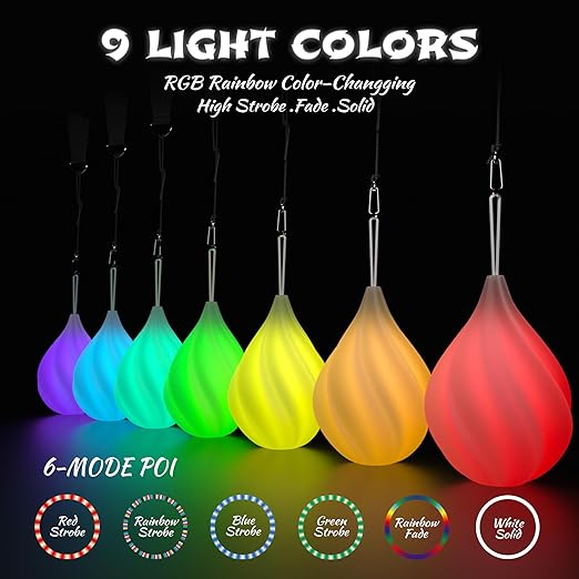 PoIToI LED Poi Balls-2021 Poi giratorio suave mejorado para niños principiantes y profesional Rainbow Fade y High Strobe Spinning LED Glow Toy Light Up Balls 1 par de bolas Glow Poi 