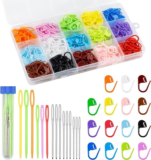 220/900 Pieces FIVEIZERO Stitch Markers,with 15 Pcs Large Eye Blunt Sewing Needles,Colorful Crochet Stitch Markers for Knitting Stitch Locking Clips Crochet Pins with Storage Box