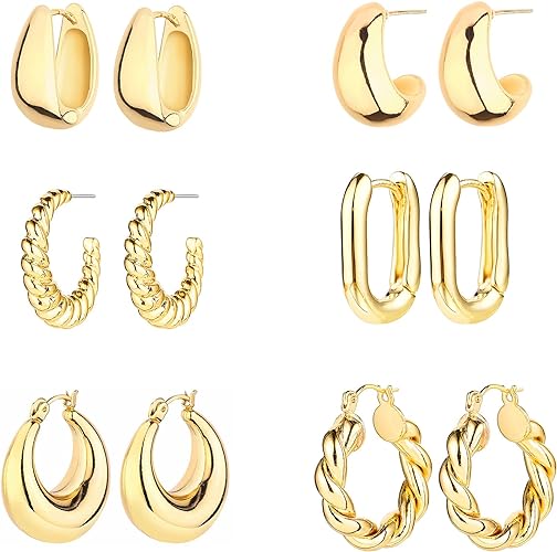 6 pares de aretes de aro de oro de 14 quilates para mujer, aretes de aro ligeros y gruesos, paquete múltiple, hipoalergénicos, gruesos, abiertos y torcidos, juego de aretes para regalos