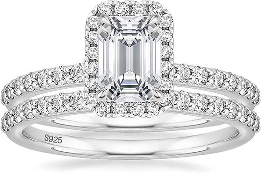 EAMTI 2CT 925 Sterling Silver Bridal Ring Sets Emerald Cut CZ Engagement Rings Vintage Promise Rings Wedding Bands for Women Size 3-12