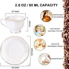 GUANGYANG GY 12 Stück (winziger Stil) Mini-Espressotassen aus Porzellan mit Untertassen – 2,5 Unzen Kaffeetasse und Untertasse, 6er-Set, 80 cc, weiß 