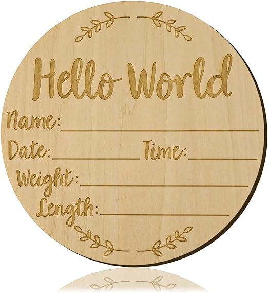 LUTER Baby Announcement Sign, 5.9 inch Hello World Newborn Sign Round Wooden Milestone Baby Nursery Name Birth Signs for Hospital and Pregnancy Announcements