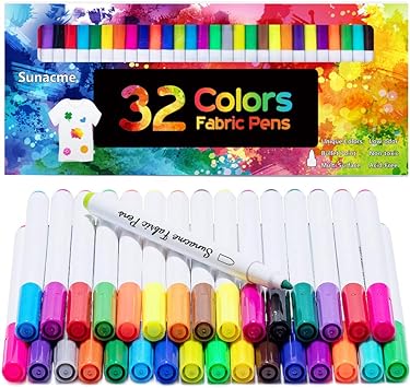 sunacme Fabric Markers Pen, 32 Colors Permanent Fabric Paint Pens Art Markers Set - Fine Tip, Child Safe & Non- Toxic for Canvas, Bags, T-Shirts, Sneakers