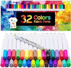 sunacme Fabric Markers Pen, 32 Colors Permanent Fabric Paint Pens Art Markers Set - Fine Tip, Child Safe & Non- Toxic for Canvas, Bags, T-Shirts, Sneakers