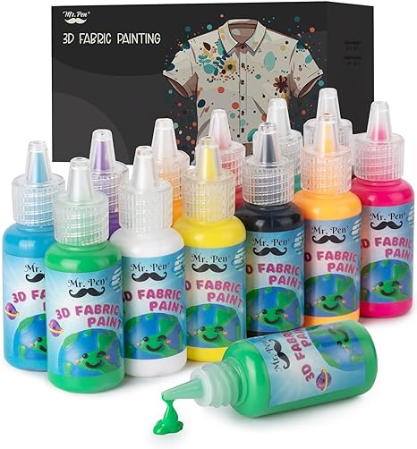 Mr. Pen- 3D Fabric Paint Set, 12 Colors, 0.67 oz, 3D Paint for Fabric, Paint for Fabric, 3D Paint for Clothing, T-Shirt Paint, Fabric Paint for Clothes