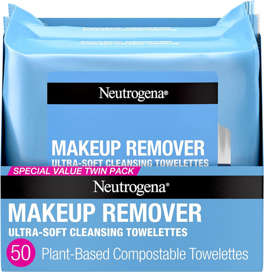 Neutrogena Cleansing Fragrance Free Makeup Remover Face Wipes, Cleansing Facial Towelettes for Waterproof Makeup, Alcohol-Free, Unscented, 100% Plant-Based Fibers, Twin Pack, 2 x 25 ct