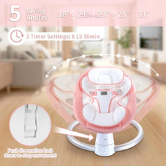 Uuoeebb Columpio para Bebés, Mecedor Eléctrico Portátil para Bebés con Soporte Bluetooth con 5 Velocidades de Columpio, 10 Canciones de Cuna, Control Remoto/Panel Táctil - Columpio Infantil para Uso Interior y Exterior, Rosa