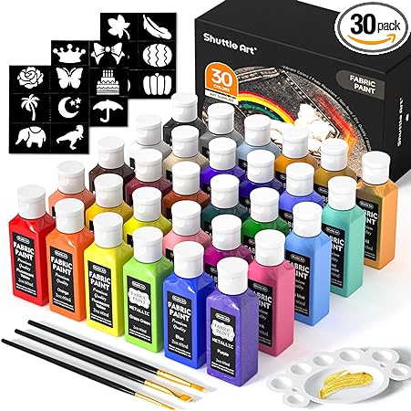 Fabric Paint, Shuttle Art 30 Colors Permanent Soft Fabric Paint in Bottles (60ml/2oz) with Brushes, Palette, Stencils, Non-Toxic Textile Paint for T-shirts, Shoes, Jeans, Bags, DIY Projects&Art Crafts