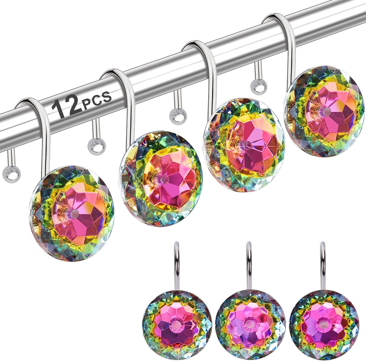 12PCS Shower Curtain Hooks Rings for Bathroom, Stainless Steel Rust Resistant Decorative Rhinestones Shower Curtain Rings Hangers for Shower Curtains, Clothing, Towels, etc.