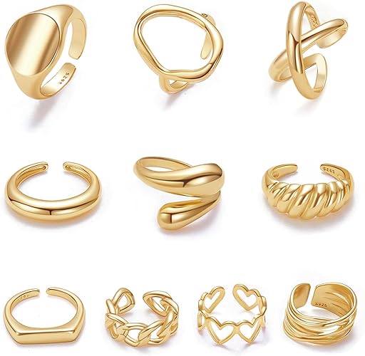 MOROYA 10PCS Gold Dome Chunky Rings for Women 18K Gold Plated Braided Twisted Round Signet Rings Adjustable Open Ring Band Statement Jewelry Size 7-9