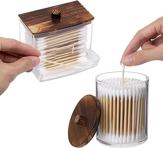 Tbestmax Qtips Holder Contenedor de baño, dispensador de bolas de algodón/hisopos de 10/7 oz, organizador de tarros de boticario para almacenamiento tapas de madera marrón