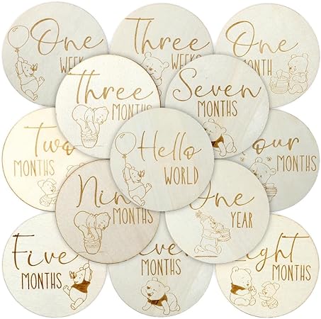 Winnie Baby Monthly Milestone Marker Discs Baby Announcement Sign Newborn Sign For Photo Prop Baby Shower Nursery Gift（16PCS）