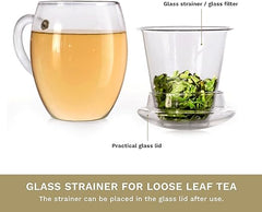 Creano Tea Glass with Infuser and Lid 400ml - Large Tea Cup - Microwave & Dishwasher Safe - Loose Leaf Tea Maker Gift Set