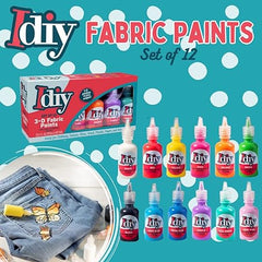 DIY Fabric Paints, Set of 12 Colors, (1oz bottles) Ultra Bright 3D Fabric Paint, Non-Toxic Water-Based and Permanent - Great Craft, Gift, Project - Decorate on Any Surface!