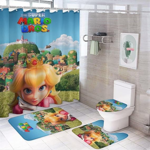 Cartoon Game Shower Curtain Set with Non-Slip Rug, Toilet Lid Cover, Bath Mat，Decorative Bathroom Set