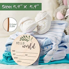 Baby Announcement Sign for Newborn - Beautiful Double-Sided Hello World Name Sign for Hospital Birth Announcement, The Perfect Round Wooden Welcome Baby Sign for New Baby Boy and Girl Gifts