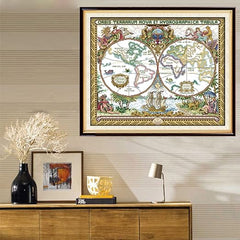 Joy Sunday 14CT Counted Cross Stitch Kits Cross-Stitch Pattern Old World Map with White Fabric DMC Fabric DIY Hand Needlework kit 20''x16.5''